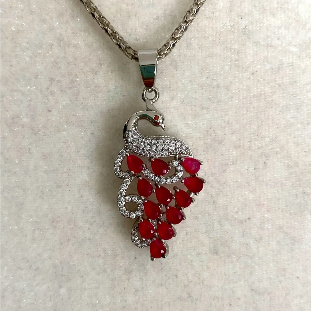 Beautiful Ruby Peacock Diamond Accents Pendant Necklace Stunning Glamour